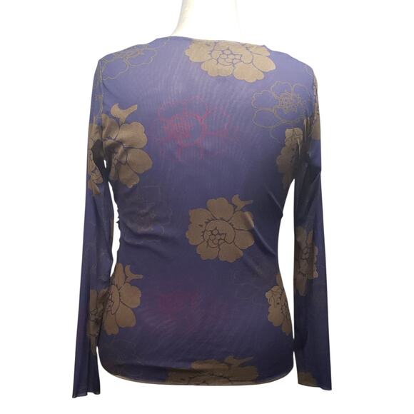 Lucy & Fiona XL Mesh Floral Blouse – Ruched Surplus V-Neck, Stretch Nylon - Picture 3 of 9